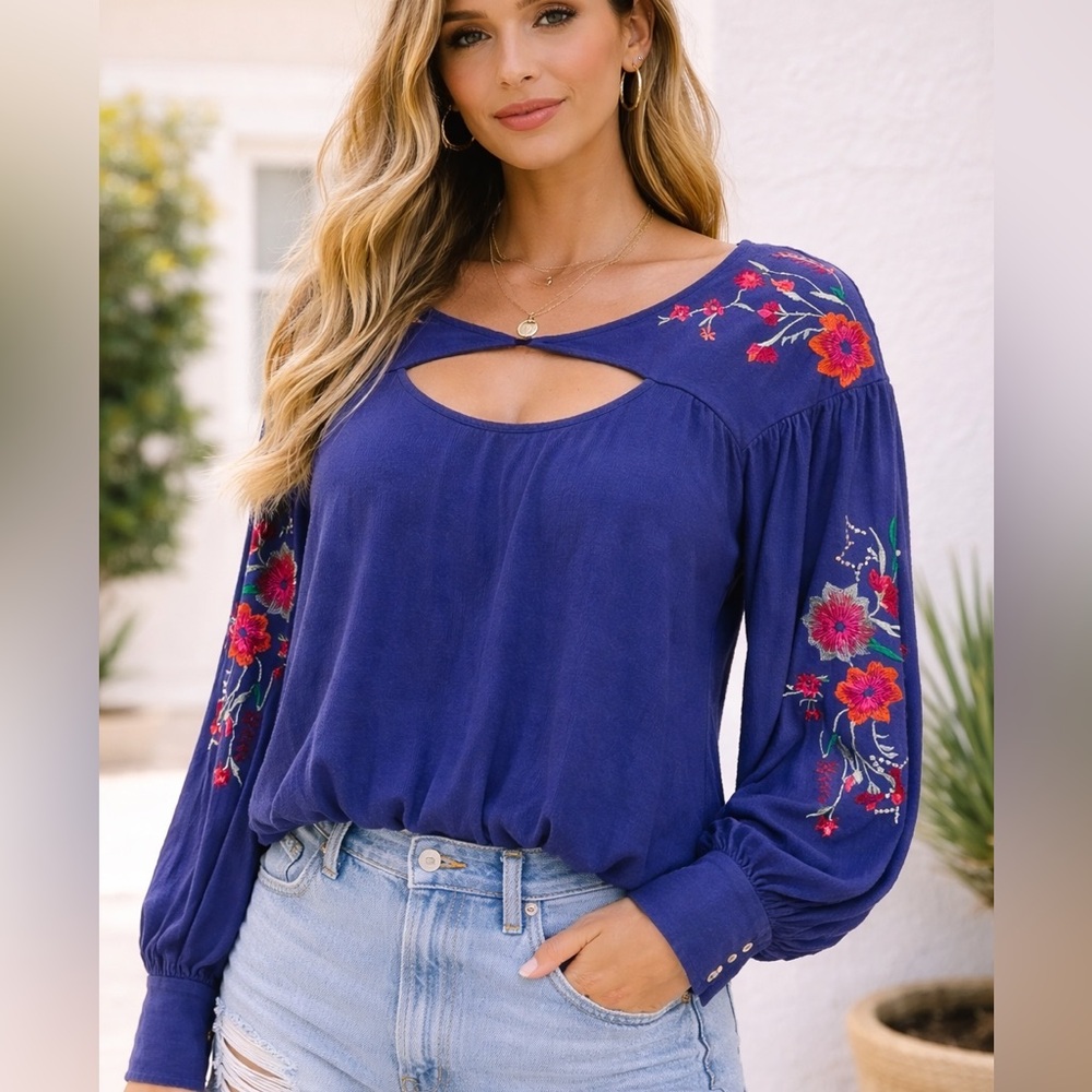 Free People Royal Blue Embroidered Cutout Peasant Blouse